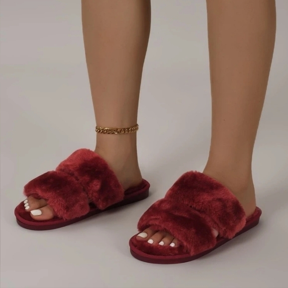 Burgundy Fluffy Slippers - Picture 3 of 6
